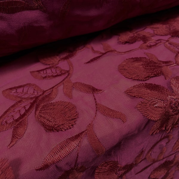 Chiffon couture dress fabric with embroidery and flower appliqué, per metre - magenta