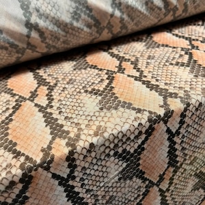 Power mesh net stretch spandex fabric, per metre - snakeskin animal print - peach &  brown