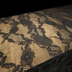 May include: Close-up of black lace fabric with a floral pattern. The lace is layered over a tan fabric, creating a contrast in color and texture. The intricate design features detailed floral motifs.