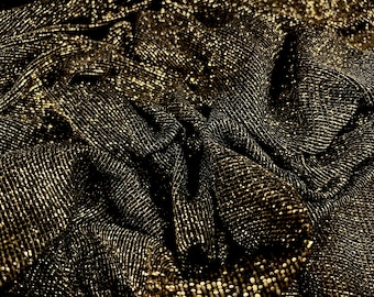 Tecido jersey leve metálico de moda única, por metro - brilho lurex - preto e dourado