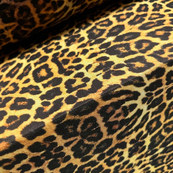 Tissu spandex extensible Power mesh, au mètre - imprimé animal léopard - or et noir