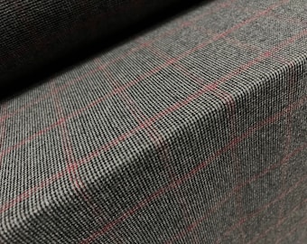 Wool tweed woven fabric, per metre - fine check - grey & red