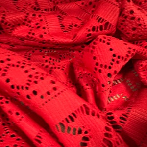 Crochet lace jersey knit fabric, per metre - geometric stripe - red