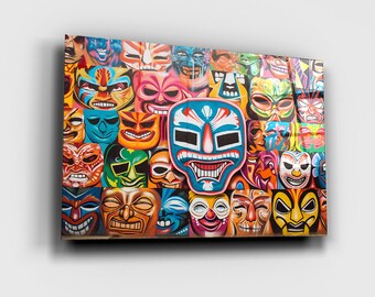 Funny Lucha Libre Graffiti Abstract Artwork Glass Print Wall Art - Colorful Whimsical, Perfect for Wrestling Fans and Urban Art Enthusiasts!