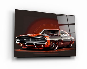 Roaring Retro: Red 1970 Dodge Charger RT - Cartoonistic Tempered Glass Print - Perfect Wall Art for Home, Office & Gifts - Vintage Vibes!