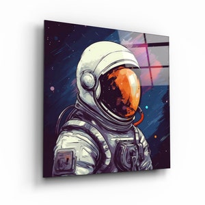 Odisea interestelar cósmica: Astronauta de dibujos animados Comic Pop Art en vidrio templado - ¡Decoración de pared estelar y regalo estelar para entusiastas del espacio!