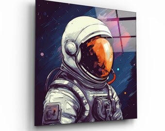 Cosmic Interstellar Odyssey: Cartoon Astronaut Comic Pop Art on Tempered Glass - Stellar Wall Decor & Stellar Gift for Space Enthusiasts!