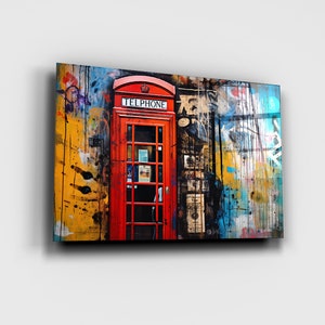 London Phone Cabin Graffiti Abstract: Glass Print Wall Art - Urban Vibes, Colorful Streets, Captivating Décor for City Art Enthusiasts!