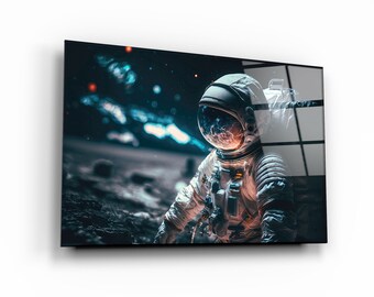 Beyond Boundaries: Astronaut&#39;s Lunar Spacewalk  Captivating Glass Print Wall Art of an Astronaut Exploring the Moon&#39;s Surface
