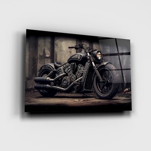 All Black Indian Scout Bobber Motorcycle: Glass Print Wall Art - Sleek Design, Timeless Elegance, Perfect for Motorcycle Enthusiasts!