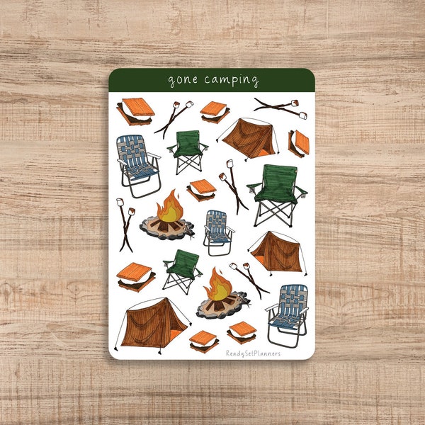 Gone Camping Sticker Sheet, Camping Stickers, Campfire Stickers, July Stickers, Bullet Journal Stickers, Planner Stickers