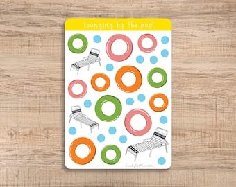 Relaxing by the Pool Sticker Sheet, Pool Stickers, Pool Float Stickers, August Stickers, Bullet Journal Stickers, Planner Stickers