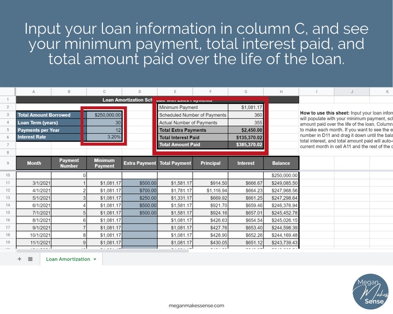 Loan Amortization Schedule With Extra Payments Mortgage Etsy