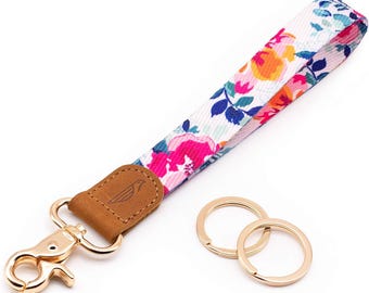Floral Wrist Lanyard: Leather Keychain Holder for Keys