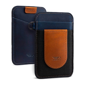 May include: A blue leather wallet with a black and brown fabric pocket and a brown leather flap with the word "POCKT" embossed on it.