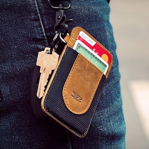 Cartera con tarjetero - Tarjetero de bolsillo delantero delgado con bolsillo elástico - Carteras verticales de cuero genuino con bloqueo RFID
