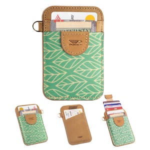 May include: A green and tan cardholder with a leaf pattern. The cardholder has multiple pockets and a small metal ring. The brand name "POCKT" is visible on the front. Several cards are visible inside the cardholder.