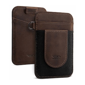 Cartera con tarjetero - Tarjetero de bolsillo delantero delgado con bolsillo elástico - Carteras verticales de cuero genuino con bloqueo RFID