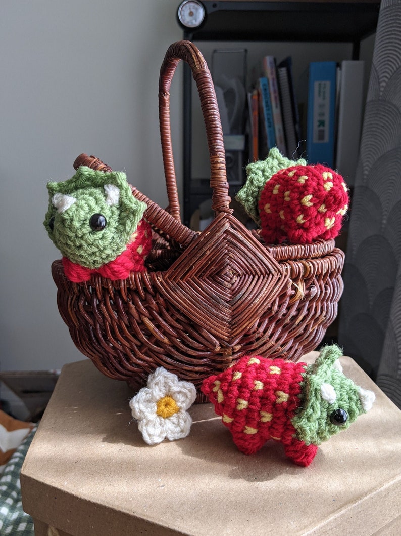Strawberry Dinosaur Plush Toy Set Cute Crocheted Triceratops Etsy