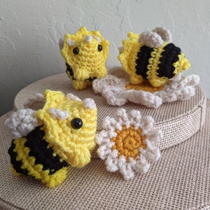 Bumblebee Triceratops Plush Toy Set (Cute Crocheted Bee Dinosaur and Flower)