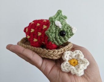 Strawberry Dinosaur Plush Toy Set (Cute Crocheted Triceratops and Flower)