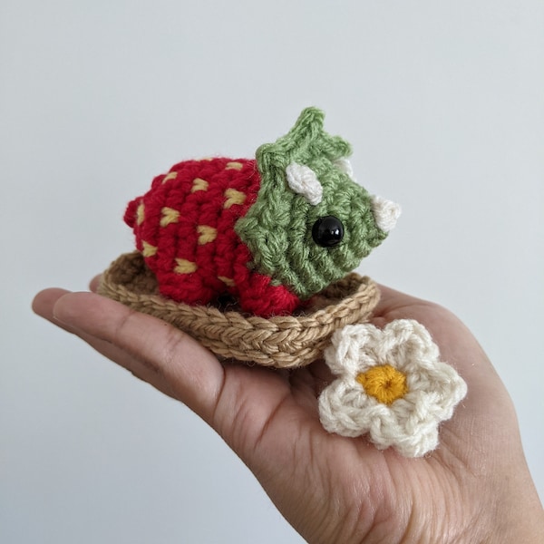 Strawberry Dinosaur Plush Toy Set (Cute Crocheted Triceratops and Flower)