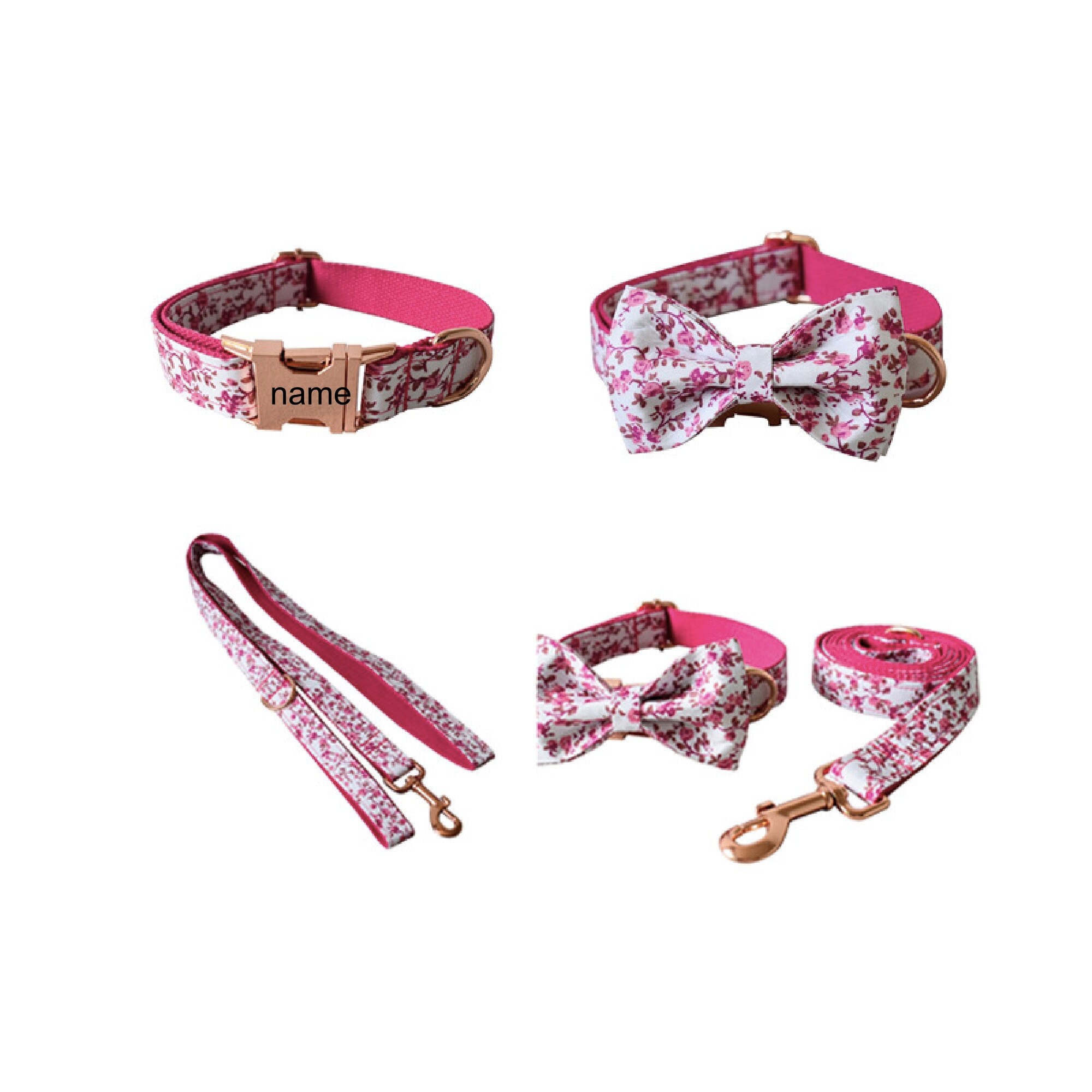 Name Personalized Dog Collars And Leashes Set In Hot Pink Etsy