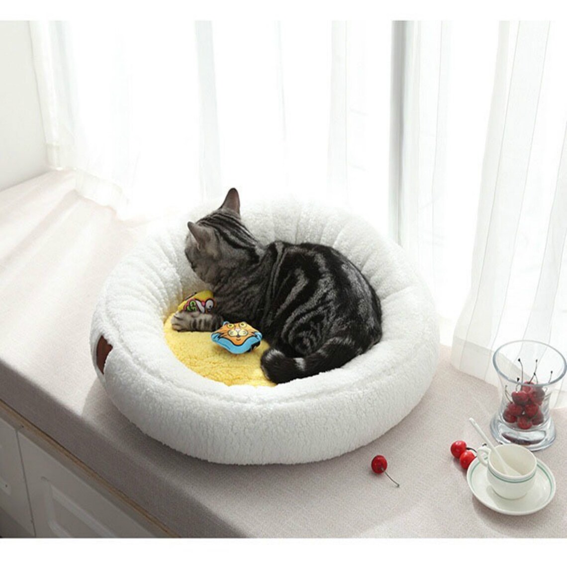 Calming Plush Cat Bed Yolk Shape Comfortable Pet Bed Etsy