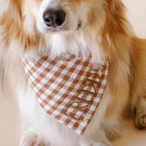 Burnt Orange Gingham Dog Bandana, Personalized Pet Bandanna, Embroidered Name Neck scarf, Fall Plaid Neckwear for Dogs, Custom Checkered