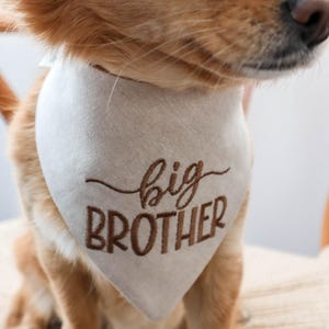 May include: A light beige triangular pet bandana featuring the embroidered text big BROTHER in dark brown thread. The word big is written in a cursive script font, while BROTHER is displayed in a bold, uppercase sans-serif typeface.