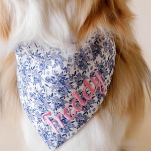 French Toile bandana for dog embroidered blue pet scarf spring, floral pet bandanna, Blue neckwear with name and flowers