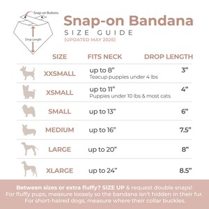 Puede incluir: Una gu&iacute;a de tallas para bandanas a presi&oacute;n, con medidas para varios tama&ntilde;os de perros. La gu&iacute;a incluye tama&ntilde;os de cuello de hasta 61 cm y largos de ca&iacute;da de hasta 22 cm. El texto tambi&eacute;n incluye instrucciones para medir perros.