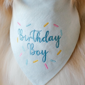 Puede incluir: Bandana azul claro para perro con la inscripci&oacute;n bordada "Birthday Boy" en cursiva. La bandana est&aacute; adornada con confeti de colores rosa, amarillo y azul. La tela parece suave y ligera.