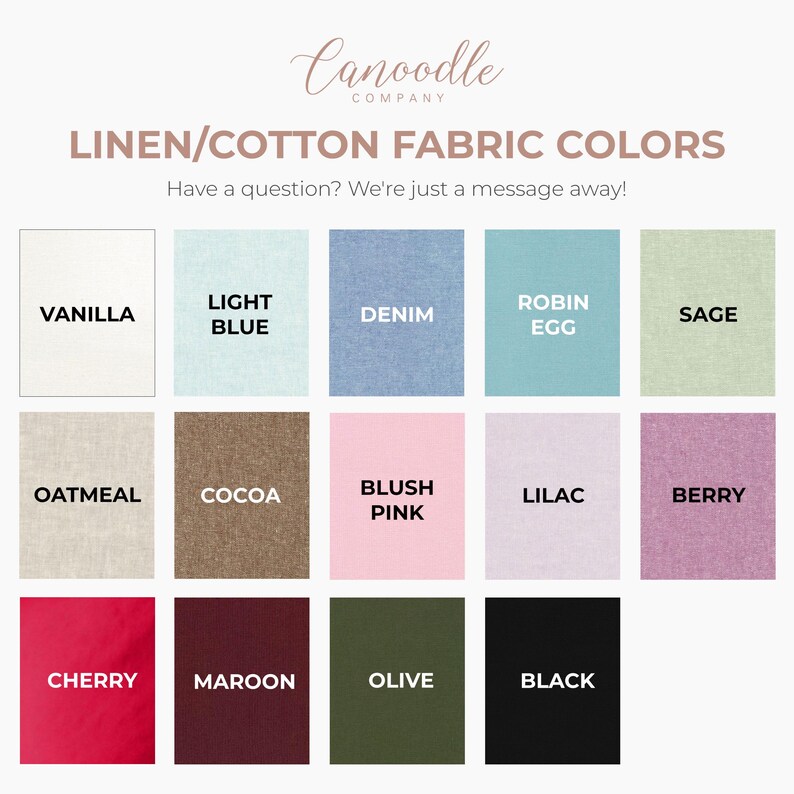 May include: A color chart for linen and cotton fabric featuring fifteen swatches labeled Vanilla, Light Blue, Denim, Robin Egg, Sage, Oatmeal, Cocoa, Blush Pink, Lilac, Berry, Cherry, Maroon, Olive, and Black, with the text Canoodle Company.