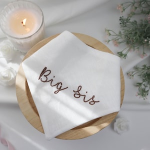 Big Sis Custom Pregnancy announcement dog bandana with snap Im a Big sister cursive embroidered bandanna Pink embroidery personalized