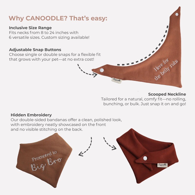 Puede incluir: Bandanas marrones para mascotas con botones de presi&oacute;n ajustables y bordados ocultos. Las bandanas se ajustan a cuellos de 20 a 61 cm. Una bandana dice "Here for the belly rubs" y otra dice "Promoted to Big Bro".