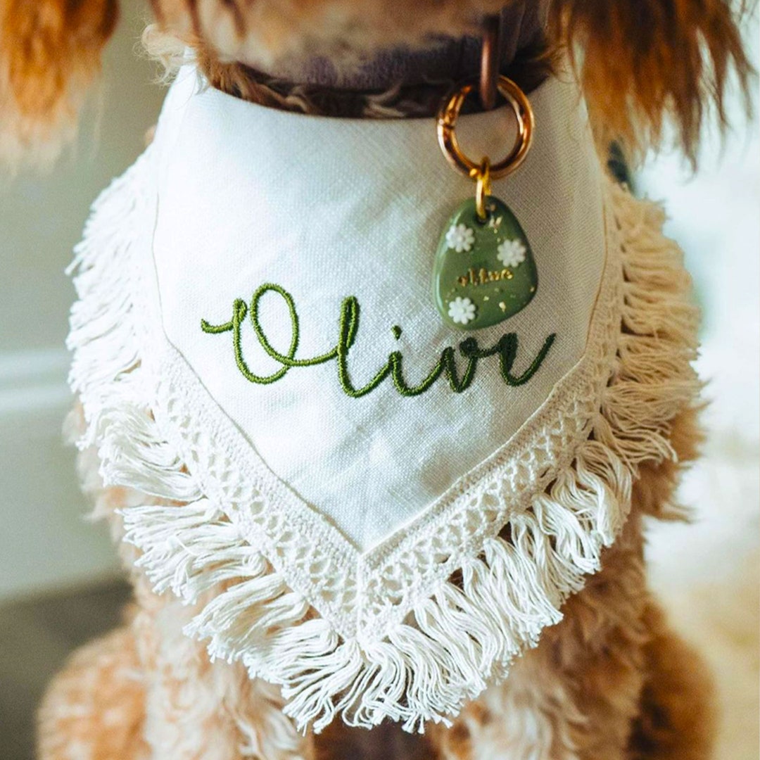 Wedding Dog Bandana With Tassels Custom Embroidered Dog Bandana for