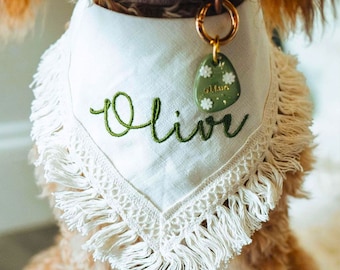 Wedding Dog Bandana with tassels Custom embroidered dog bandana for engagement dogs customizable bandana with fringe trim scarf for cats