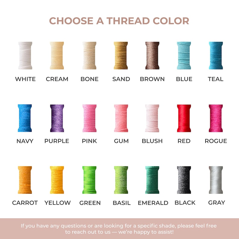 May include: A color chart displaying twenty-one spools of thread in various shades, including white, cream, bone, sand, brown, blue, teal, navy, purple, pink, gum, blush, red, rogue, carrot, yellow, green, basil, emerald, black, and gray.