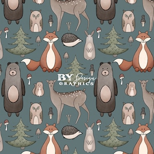 May include: A seamless pattern featuring woodland creatures on a blue background. The pattern includes deer, owls, foxes, hedgehogs, rabbits, bears, squirrels, and trees. The pattern is perfect for fabric, wallpaper, or wrapping paper.