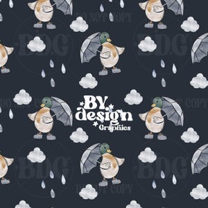 May include: A seamless pattern featuring watercolor illustrations of ducks holding umbrellas, clouds, and raindrops on a dark blue background. The text "BY design Graphics" is centered on the pattern.