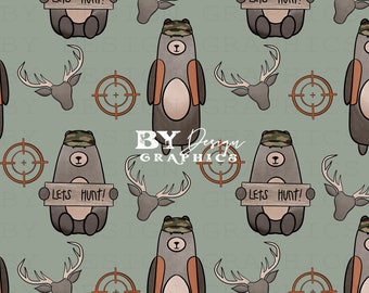 Woodlands Seamless | Boy Hunting Seamless | Deer Hunting Seamless | Cute Bear Seamless | Hand Drawn | Digital File
