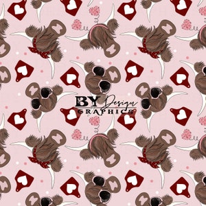Girls Valentines Seamless | Highland Cow Valentines Seamless | Cow Valentines Seamless | Western Valentines Seamless | Digital File