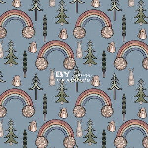 May include: A seamless pattern featuring a blue background with colourful rainbows, pine trees, squirrels, and rabbits. The rainbows are made of wood slices and have a rustic look. The pattern is perfect for fabric, wallpaper, or wrapping paper.