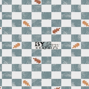 May include: A digital pattern featuring a checkered design in shades of blue and white, with a distressed texture. Scattered across the pattern are stylized brown autumn leaves. The text "BY Design GRAPHICS" is visible in the center.