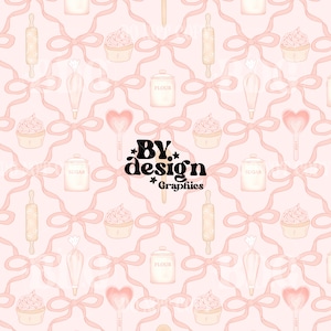 May include: A repeating pattern featuring cupcakes, rolling pins, sugar jars, flour jars, heart-shaped spoons, and piping bags. The design is set against a light pink background with pink bows. The text "BY design Graphics" is in the center.