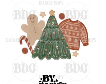 May include: A watercolor illustration featuring Christmas-themed elements. A green Christmas tree with red and white candy cane decorations, a gingerbread man, a red sweater, and star-shaped ornaments are displayed on a white background. The text "BY design Graphics" is at the bottom.