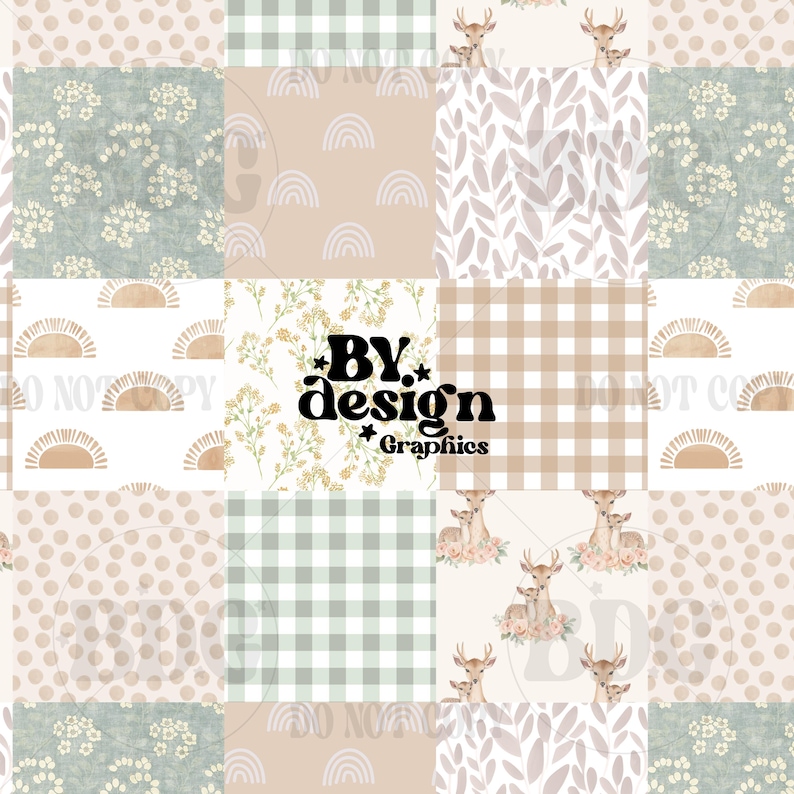 K&ouml;nnte beinhalten: Ein digitales Papierpaket mit 10 verschiedenen Mustern im Patchwork-Stil. Die Muster umfassen ein Gingham-Karomuster, Punkte, Blumen und ein Reh mit Blumen. Die Farben sind beige, braun und gr&uuml;n.