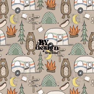 May include: Seamless pattern featuring camping-themed illustrations. The design includes a repeating pattern of a camper, bear, tent, campfire, moon, and directional signs. The text "BY design Graphics" is also present. The color palette consists of brown, green, orange, and blue.