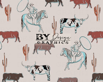 Cattle Drive Seamless | Western Cowboy Seamless | Ranching Seamless | Boys Western Seamless | Punchy Seamless | Hand Drawn | Digital File